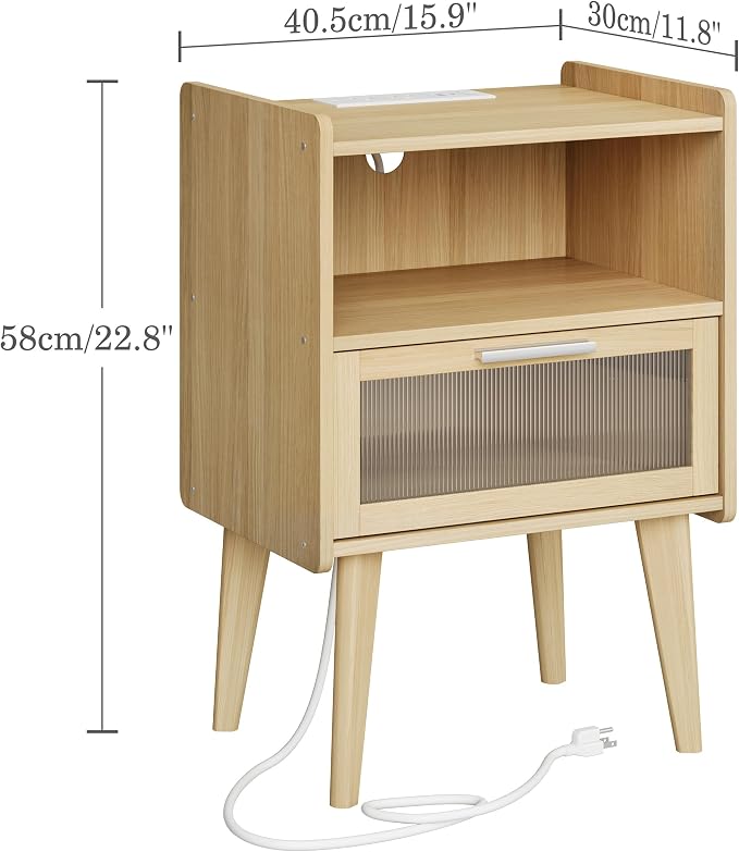 MMEOLUOOK Nightstand with Charging Station, Bedside Tables with Glass - Image 3