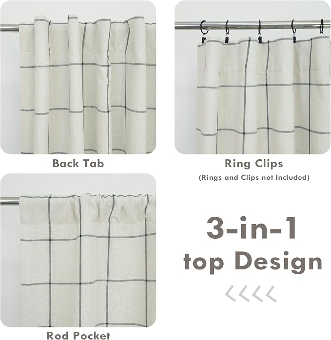 DriftAway 100% Blackout Plaid Linen Curtains 63 Inches Long 2 Panels Black | - Image 8