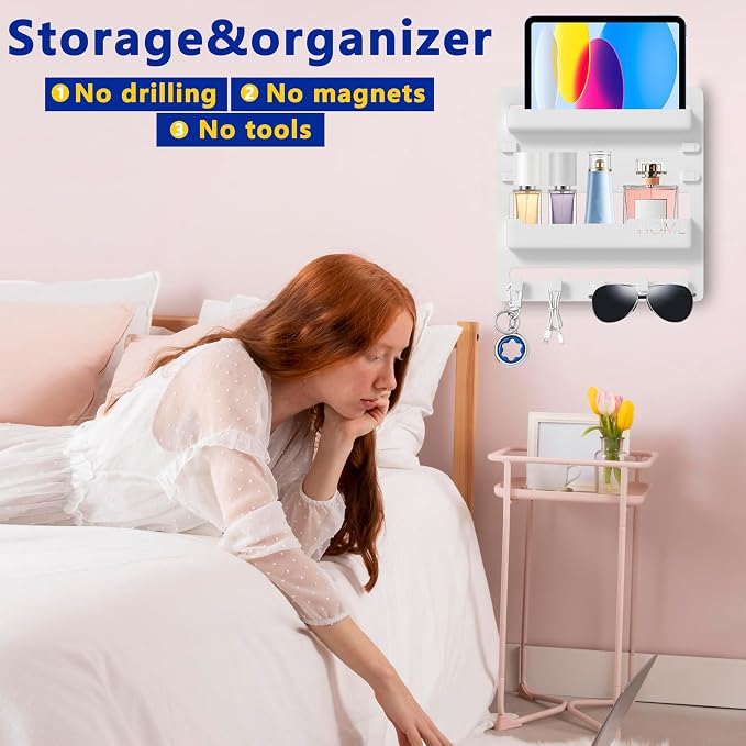 Plastic Bedside Shelf Adhesive Wall Mount Organizer, Cable Clips, Key Remote - Image 3