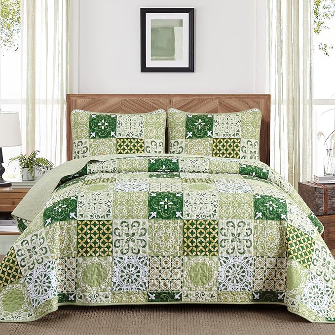 Dobuyly Green Quilt Set King Size, Boho Sage Green Plaid Patchwork Bedspreads by Dobuyly