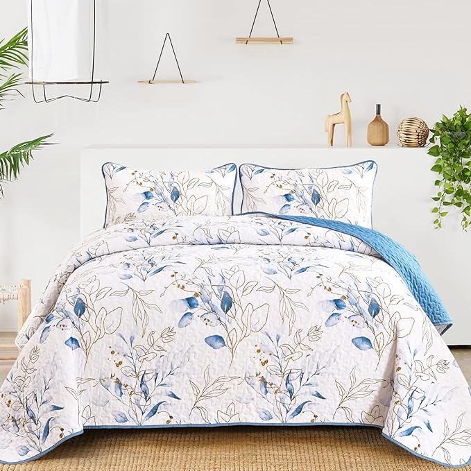 Anibedding Twin Quilt Set, 2 Pieces Blue Botanical Bedspread Bedding Set | Soft by Anibedding