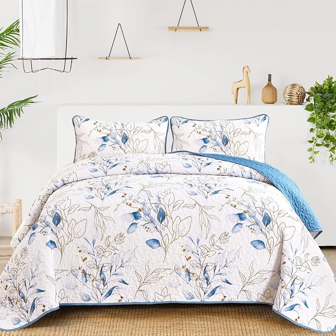 Anibedding Botanical Quilt Set Queen Size Blue Print Bedspread Coverlet Set | by Anibedding