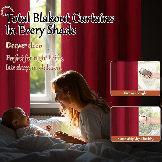 Linen Blackout Curtains 54 Inches Long 2 Panels Each 52 Wide Red | Thermal - Image 3