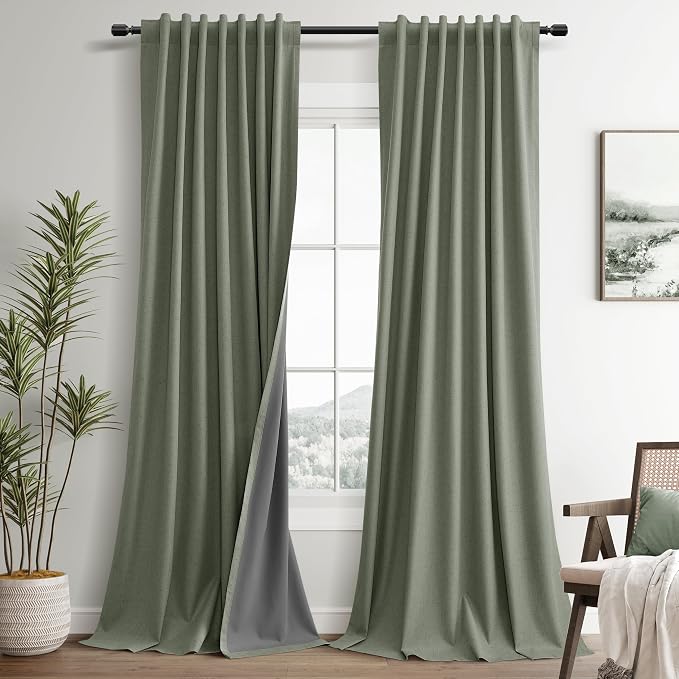 Sage Green Linen 100% Blackout Curtains by Guken