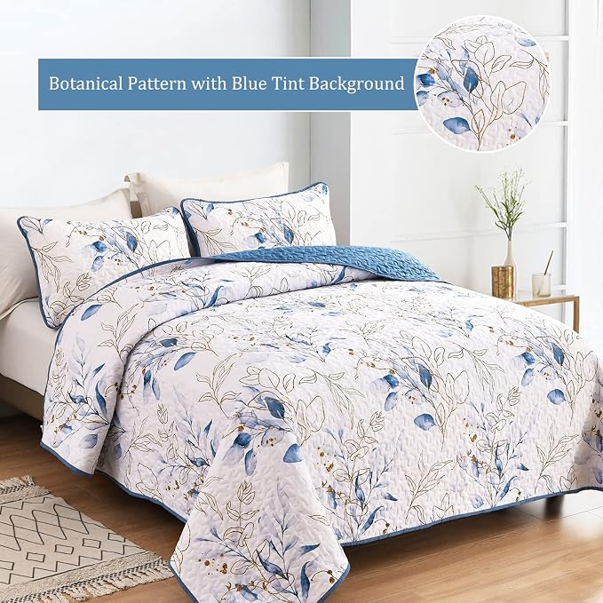 Anibedding Twin Quilt Set, 2 Pieces Blue Botanical Bedspread Bedding Set | Soft - Image 3