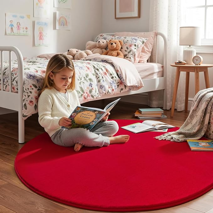 Red Round Area Rug 5ft Washable Circle Rugs - Image 4
