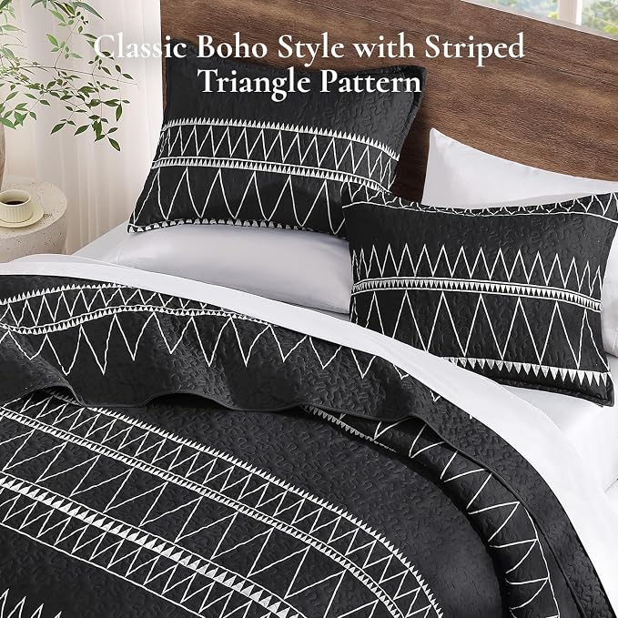 Black Twin Quilt Set, 2 Pieces Boho Lightweight Striped Bedspread | Soft Black - Image 4