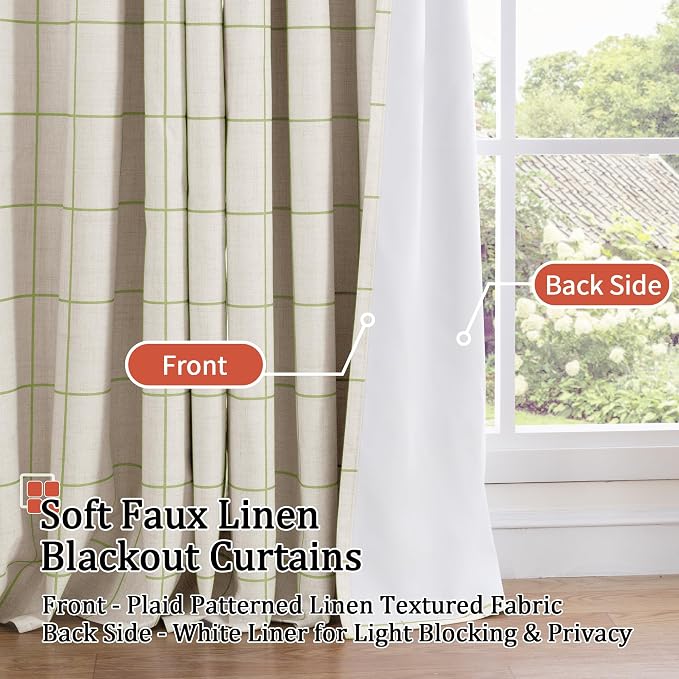 Plaid Curtains 90 Inches Long, 2 Panels Each 52 Wide, Sage | Linen Textured - Image 3