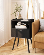 Black Nightstand with Outlet, Modern Bedside Table with Storage Drawer and Open - Image 7