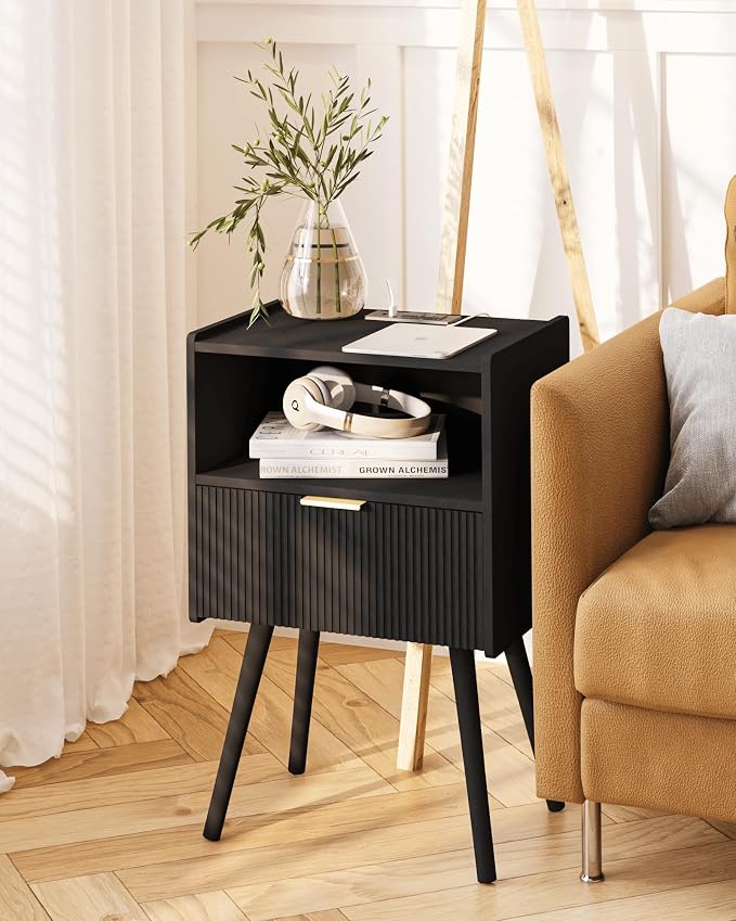 Black Nightstand with Outlet, Modern Bedside Table with Storage Drawer and Open - Image 7