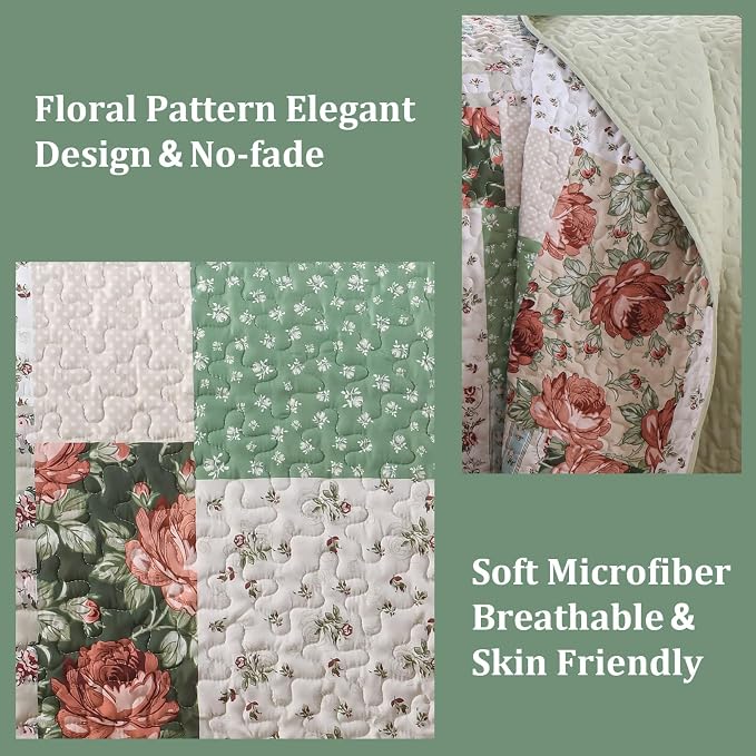 Anibedding Floral Patchwork Quilt Set King Size, Soft Lighweight Farmhouse - Image 3