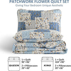 Mybedsoul Light Blue Quilt Set King Size, 3 Pieces Boho Plaid Floral Bedspread - Image 5