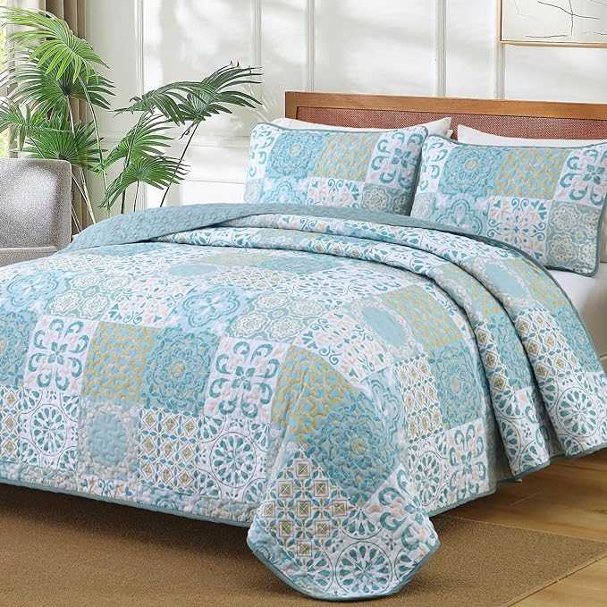 Dobuyly Patchwork Quilt Set King Size, Aqua Blue Boho Summer Bedspreads by Dobuyly