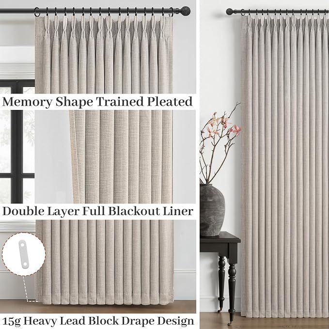 PleatedDrapes Double Layer Thick Linen Greyish Beige 96 Inch Curtains 2 Panels - Image 4