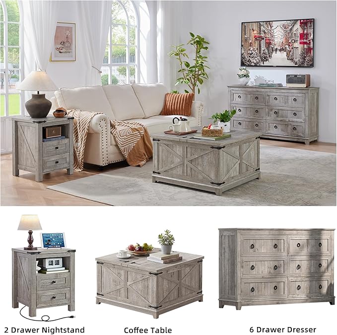 Joaxswe Nightstand with Charging Station and 2 Drawers, Farmhouse | Light Drey - Image 6
