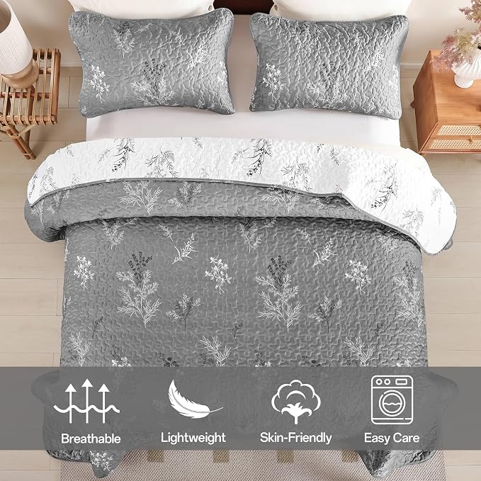 DJY King Size Grey Botanical Quilt Set, Floral Bedspread Coverlet | Lightweight - Image 3