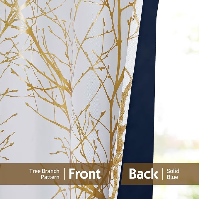 FMFUNCTEX 100% Blackout Ivory Gold Foil Tree Curtains 45 Inch Long 2 Panels | - Image 7