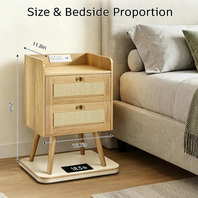Rattan Nightstand with Charging Station, Bedside Table with 2 Drawers | Night - Image 2