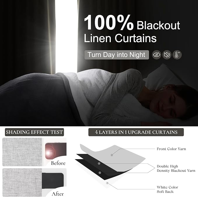 Gray 100% Black Out Linen Curtains 86 Inches Long 2 Panels Set - Image 2
