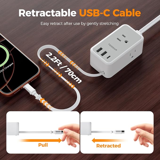 TESSAN Small Flat Plug Power Strip, Ultra Thin Extension Cord 5 ft, 1 - Image 2