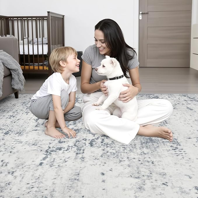 2.6x8 Washable Runner Rug：Modern Abstract Soft Carpet Blue Grey | - Image 2