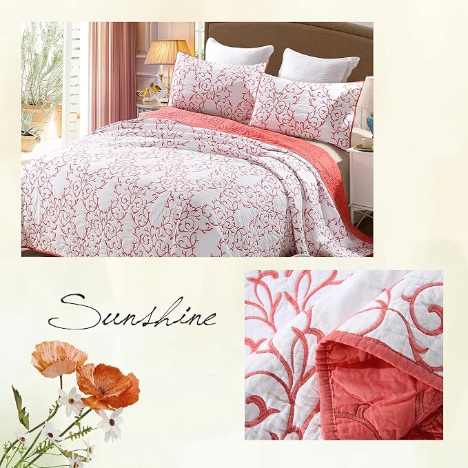 ROOMLIFE Quilt Set Full Size 3D Floral Embroidery Pattern 3-Piece Cotton - Image 6