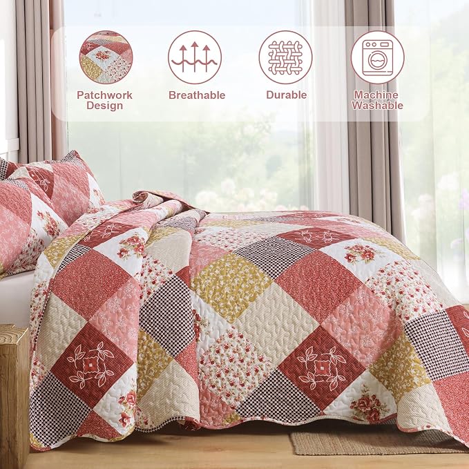 Dinjoy Boho Quilt Set King Size, Patchwork Floral Bedspreads, Romantic Red | - Image 3