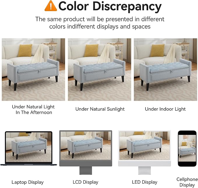 WUTUTUEE 47" Velvet Storage Bench, Upholstered Bed Bench - Image 3