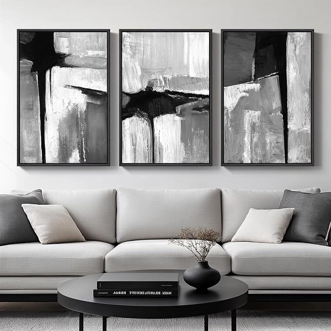 Large Framed Black and White Gray Abstract Wall Art by Cuspin