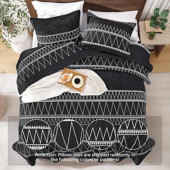 Black Twin Quilt Set, 2 Pieces Boho Lightweight Striped Bedspread | Soft Black - Image 3