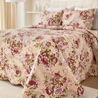 Cmfshape Summer Floral King Quilted Bedspread, Romantic Red Quilt Set, - Image 3