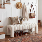 43" End of Bed Bench, Linen Beige | Channel Tufted Upholstered, Entryway Bench - Image 3