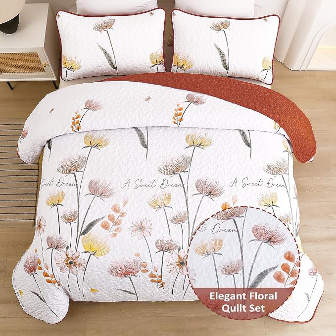 Dinjoy King Size Quilt Set, Floral Bedspread Coverlet Set - Image 3
