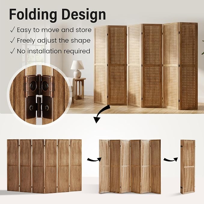 6 Panel Pegboard Room Divider, Folding Privacy Screen, Natural | 5.6 Ft Tall - Image 6