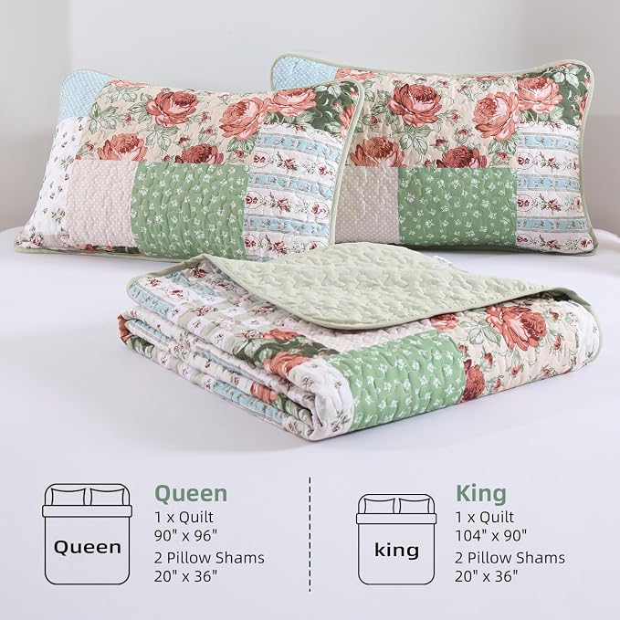 Anibedding Floral Patchwork Quilt Set King Size, Soft Lighweight Farmhouse - Image 7