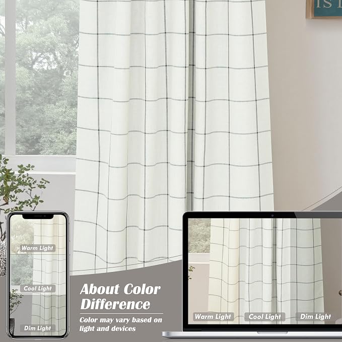 DriftAway 100% Blackout Plaid Linen Curtains 108 Inches Long 2 Panels Black | - Image 7