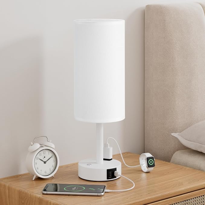 White Touch Bedside Lamp for Bedroom, Stepless Dimmable, USB A+C, AC Outlet | - Image 2