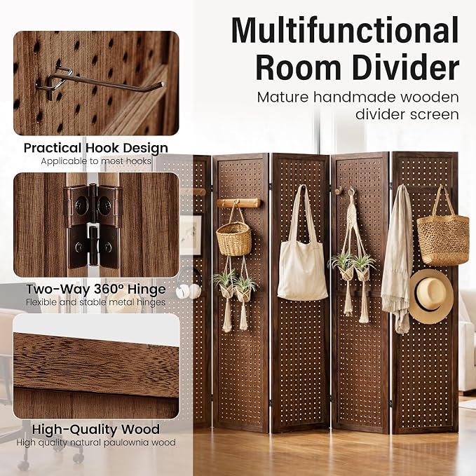 6 Panel Pegboard Room Divider, Folding Privacy Screen, Freestanding Wooden - Image 4