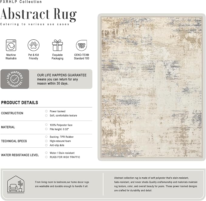 Round Area Rug Living Room: 5 ft Modern Washable Indoor Carpet | - Image 3