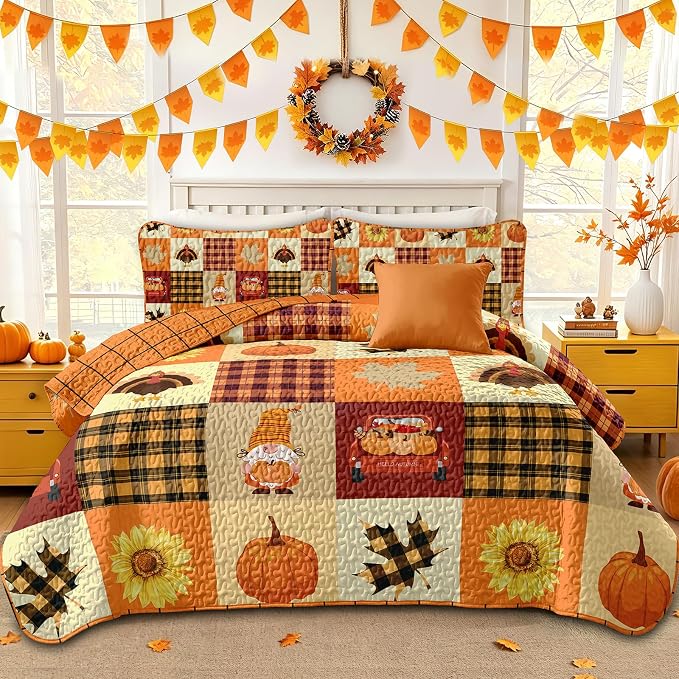Fall Patchwork Quilt Set King Size 3 Piece Thanksgiving Bedding Set Orange | by Anibedding