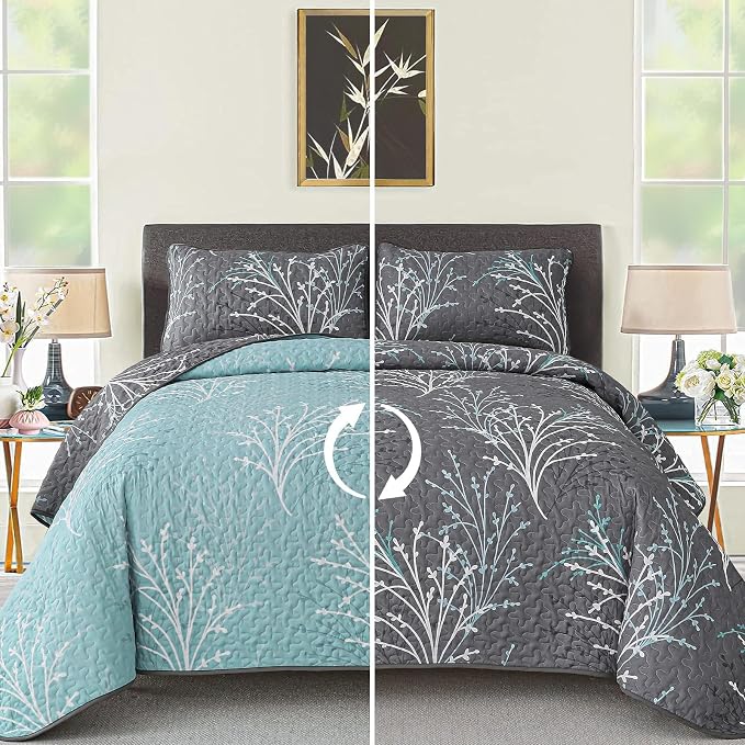 DJY King Size Quilt Set Grey Blue Reversible Bedspread Coverlet Set | 3 Piece - Image 4