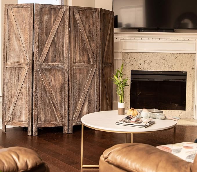 Premium Home 4-Panel Room Divider – Rustic Brown Barn Door, K Pattern Folding - Image 3