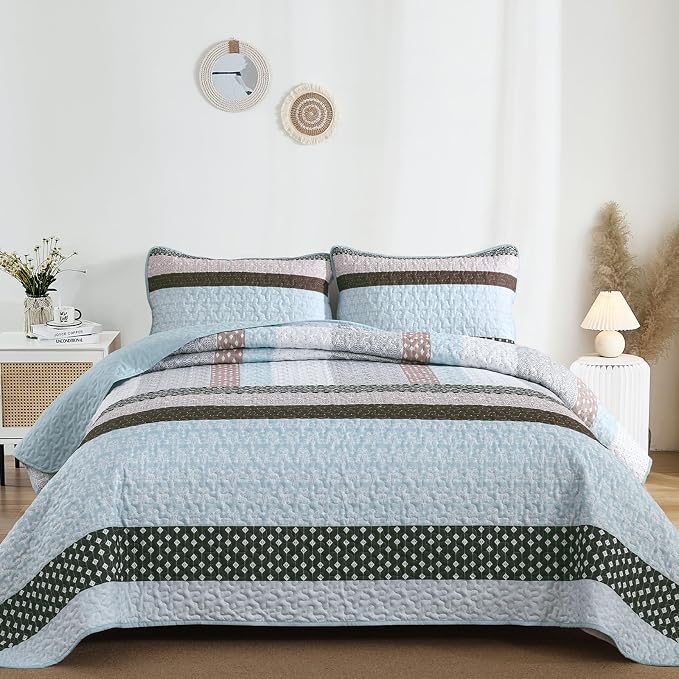 WONGS BEDDING Boho Quilt Queen Size, Patchwork Bedding Set, 3 Pieces Plaid - Image 2