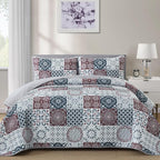 Dobuyly Patchwork Quilt Set Queen Size Boho Plaid Bedspread Red Grey Quilt - Image 2