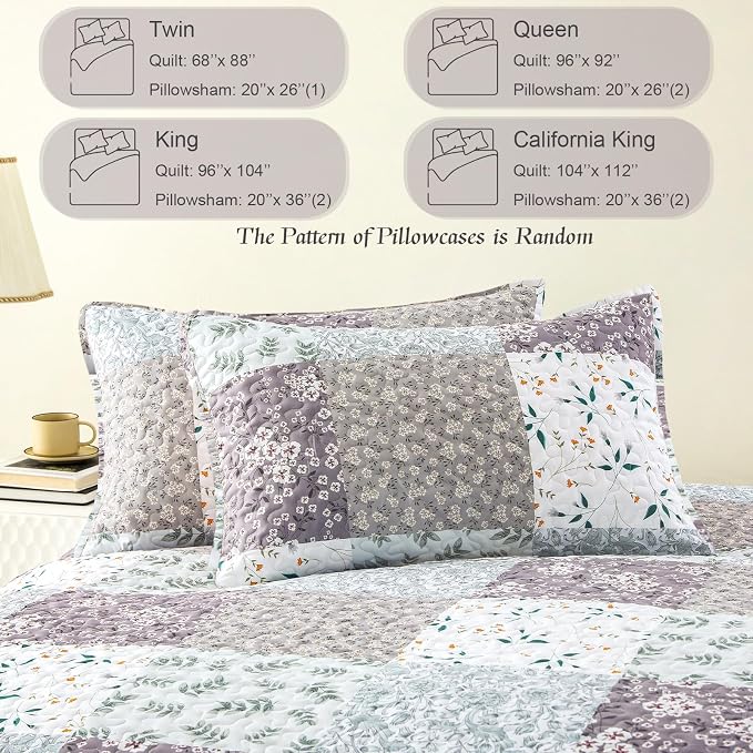 Whale Flotilla Patchwork Quilt King Size, Extra Soft Floral Bedspreads | Grey - Image 7