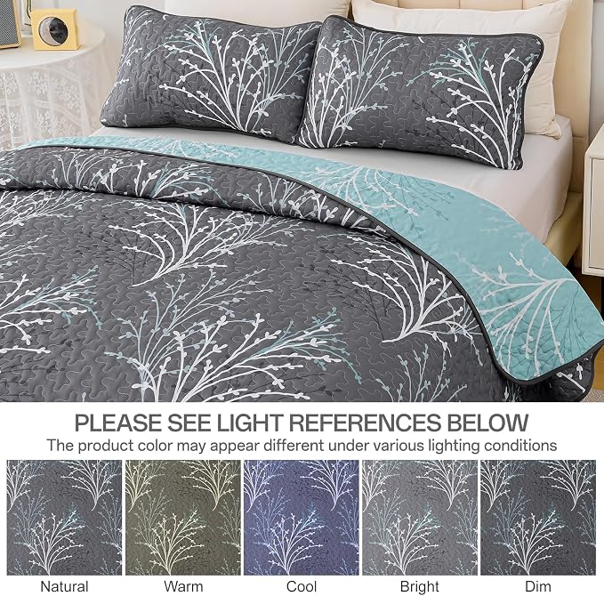 DJY King Size Quilt Set Grey Blue Reversible Bedspread Coverlet Set | 3 Piece - Image 6