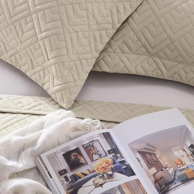 EXQ Home Twin Quilt Set Lightweight Squares Pattern Beige Bedding Set | Soft - Image 7
