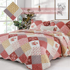 Dinjoy Boho Quilt Set King Size, Patchwork Floral Bedspreads, Romantic Red | - Image 5