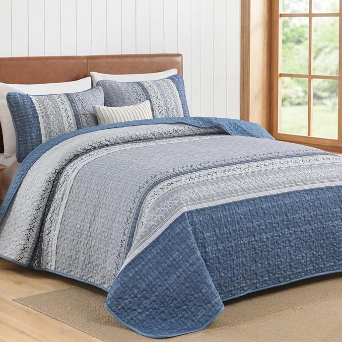 Cottolester Mineral Blue Queen Quilt Set, Boho Striped Bedspread Coverlet | - Image 2