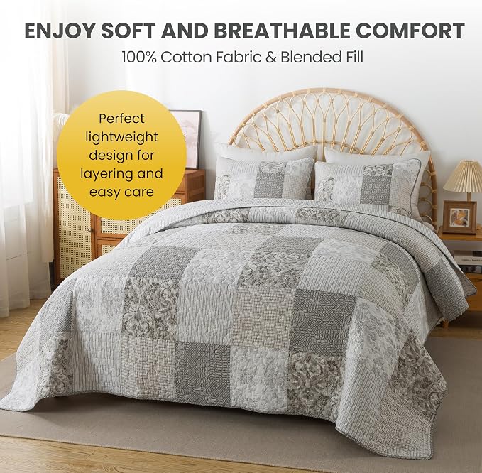 SLPR - Silver Linings Patchwork Gray Cotton Quilt Set, Queen - Image 3